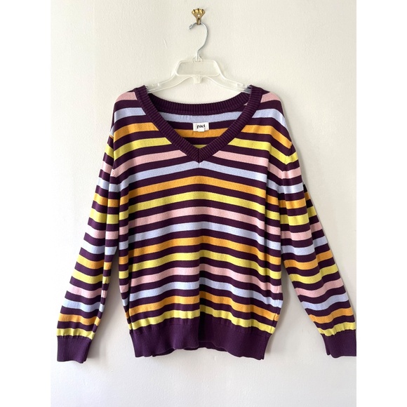 PACT Sz M Stretch V Neck Pullover Knit Sweater Organic Cotton Multicolor - Picture 11 of 11